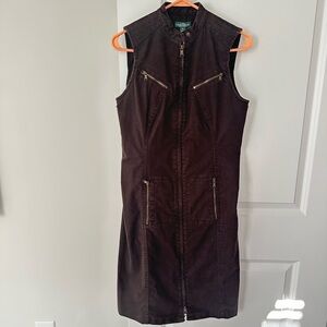 Vintage Lauren Ralph Lauren Dark Brown Denim Zip Up Sleeveless Midi Dress